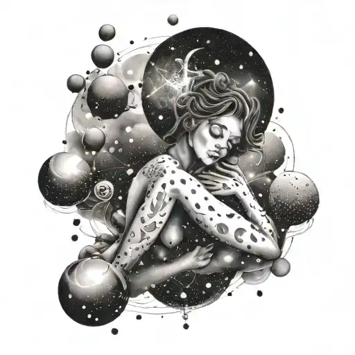 A mystical and dreamy scene of a nude woman surrounded by cosmic elements tattoo design idea