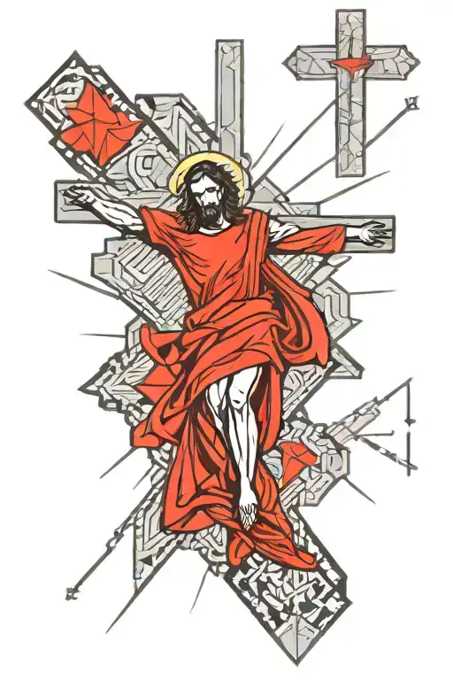 Jesus on the cross with light beams shining down and the Holy Spirit in the background tattoo design idea