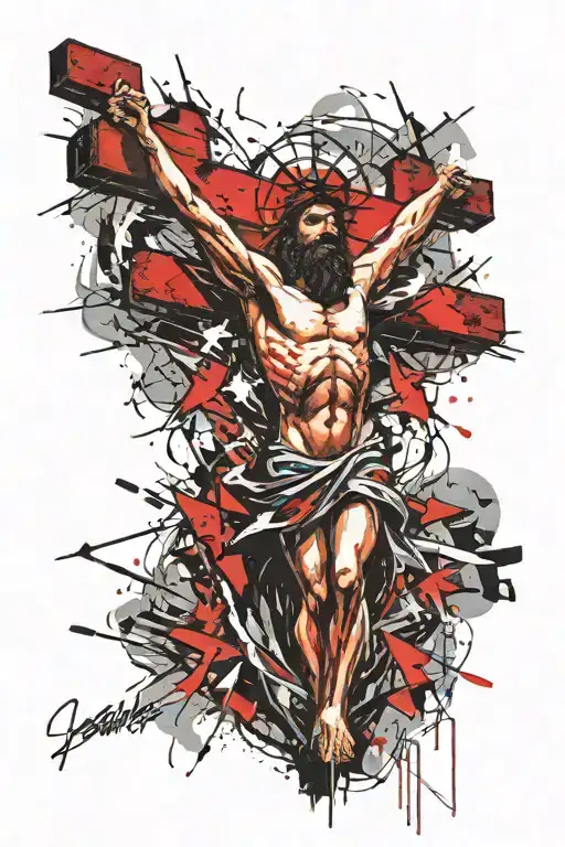 Jesus on the cross with light beams shining down and the Holy Spirit in the background tattoo design idea