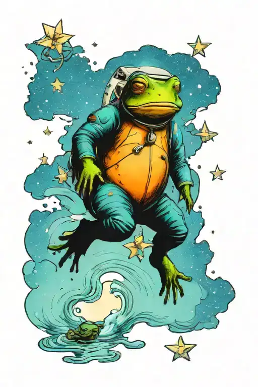 A whimsical scene of a frog in a space suit floating in a lake filled with stars, creating a dreamy and surreal atmosphere tattoo design idea