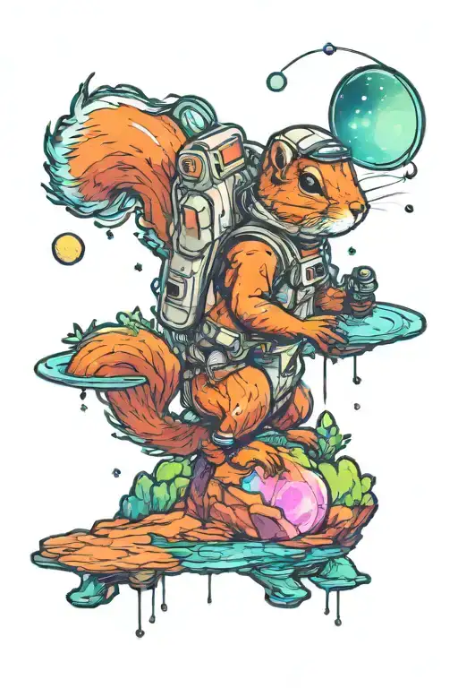 An small astronaut squirrel exploring an alien planet landscape with a neon lake, crystal and small glowing flora tattoo design idea