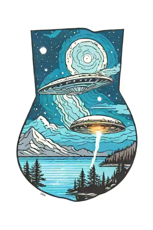 A camper gazing up at a UFO in the night sky over a mountain lake tattoo design idea