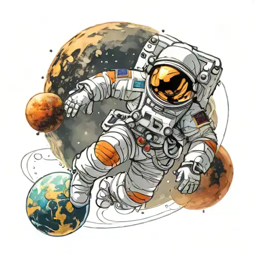 A realistic portrait of a astronaut floating in space with a backdrop of the Earth and Mars tattoo design idea