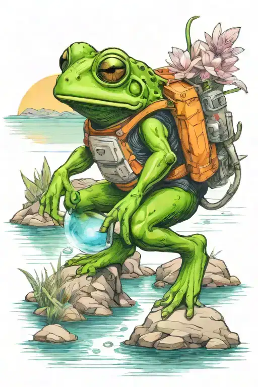 An astronaut frog with a helmet exploring an alien planet landscape with a lake, crystal forms and small glowing flora tattoo design idea