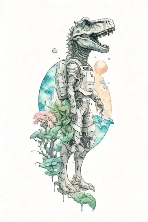 A small astronaut dinosaur exploring an alien planet landscape with towering crystal formations and small glowing flora tattoo design idea
