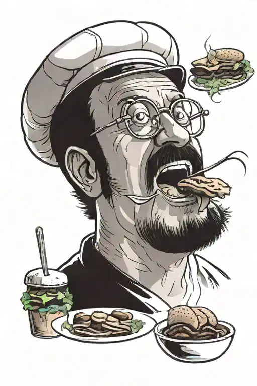 A portrait of Bob Belcher cooking burgers with a playful and cartoonish style tattoo design idea
