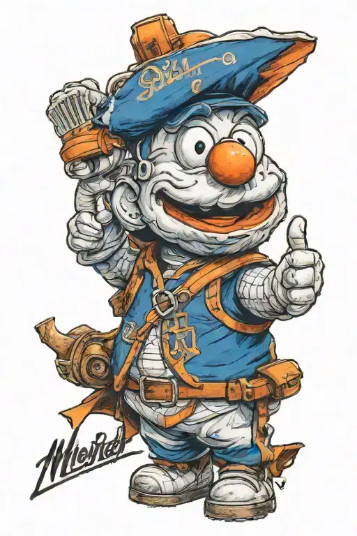 A realistic portrait of Mr. Met wearing a baseball cap and giving a thumbs up gesture tattoo design idea