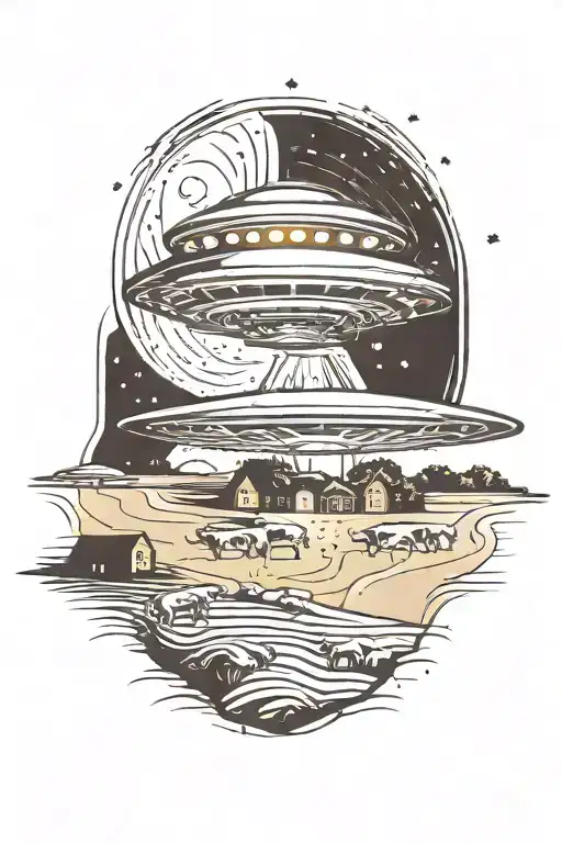 A UFO hovering over a farm at night, with mysterious lights beaming down onto a field of cows tattoo design idea