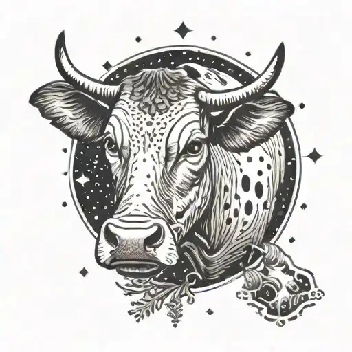 A cow peacefully grazing under a mysterious UFO beam in a dotwork style tattoo design idea