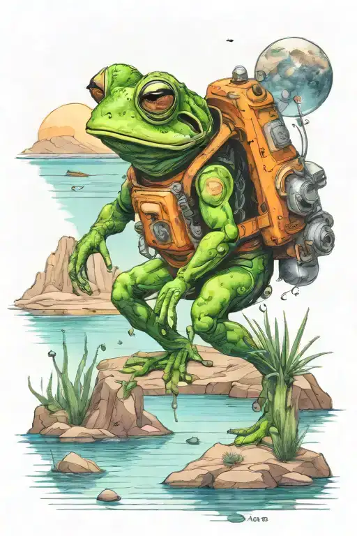 An astronaut frog with a helmet exploring an alien planet landscape with a lake, crystal forms and small glowing flora tattoo design idea