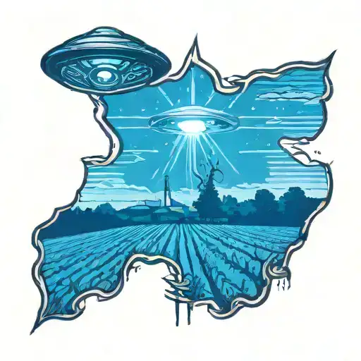 A tattoo of a UFO abduction beam shining down on a scarecrow in a farm field tattoo design idea