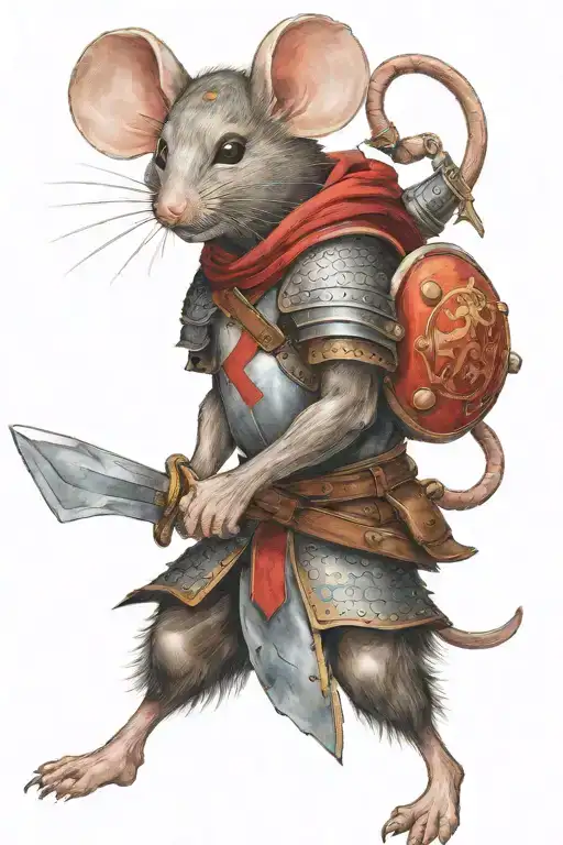 Mouse warrior wielding a sword and shield in battle tattoo design idea