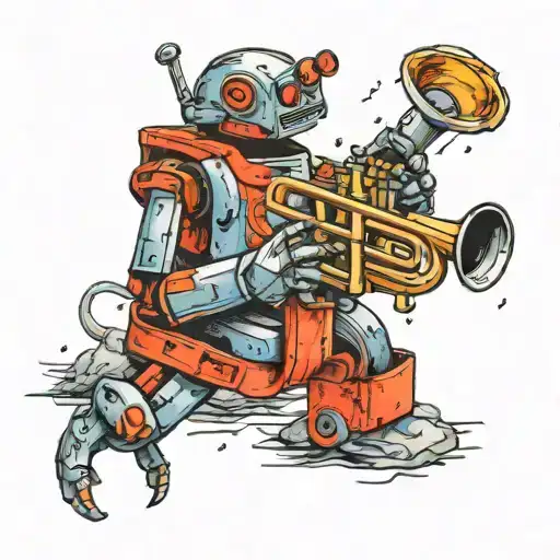 Create a tattoo of a robot playing a trumpet  on an alien planet landscape tattoo design idea