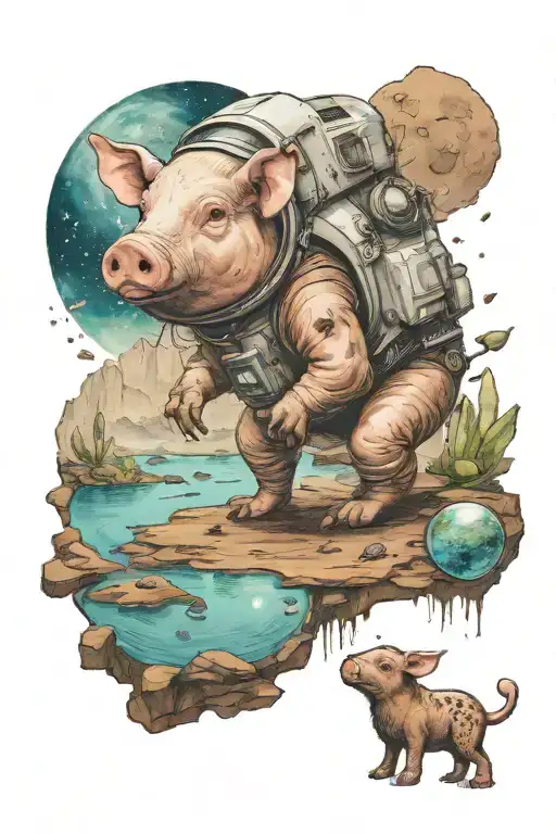 An small astronaut pig exploring an alien planet landscape with a brown mud lake and small glowing flora tattoo design idea