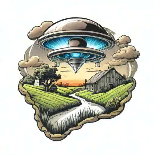 ufo abducting over farm landscape tattoo design idea