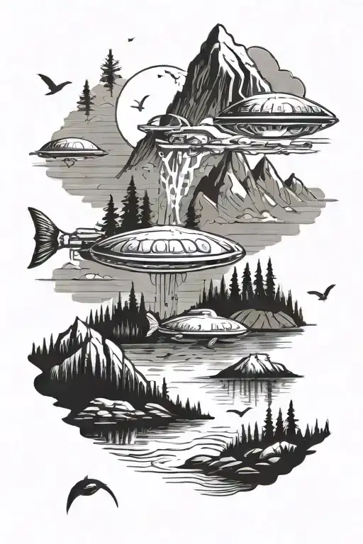 A UFO abducting a fish from a mountain lake scene tattoo design idea