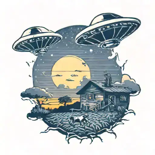 A UFO hovering over a farm at night, with mysterious lights beaming down onto a field of cows tattoo design idea