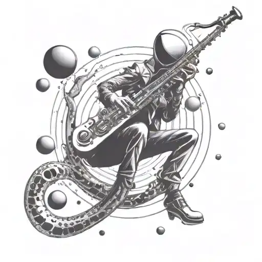A futuristic alien saxophonist floating in zero gravity with planets as musical notes tattoo design idea