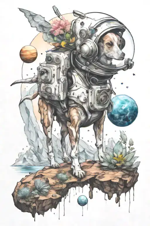 A small astronaut whippet exploring an alien planet landscape with towering crystal formations and small glowing flora tattoo design idea