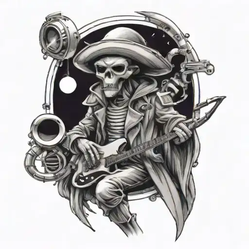 An alien pirate captain leading a jazz band on a spaceship tattoo design idea