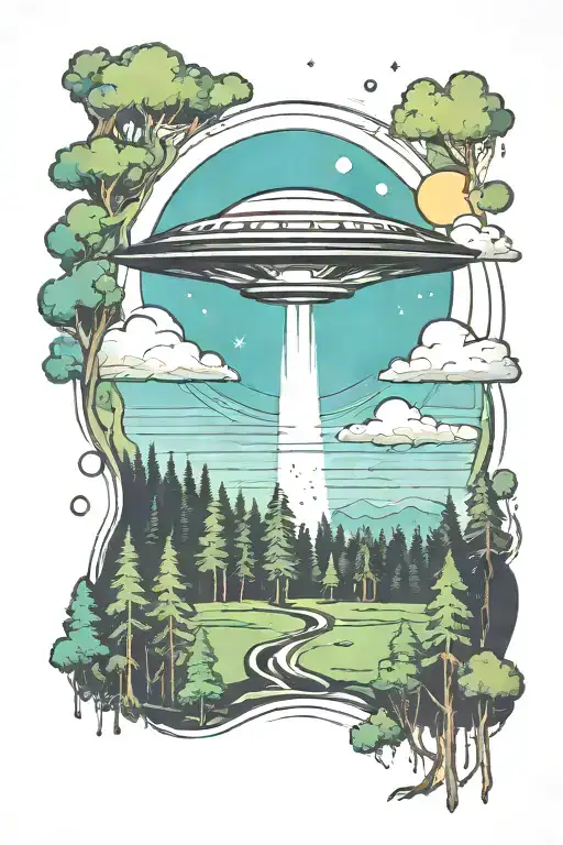 A tattoo of a single UFO abduction beam over a forest landscape tattoo design idea