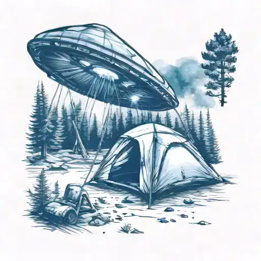 A UFO abducting a tent in the woods tattoo design idea
