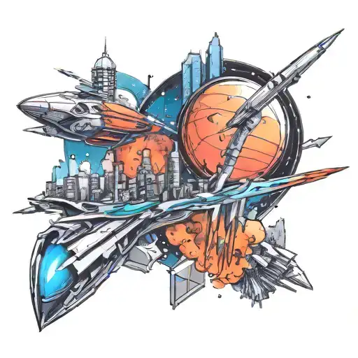 A futuristic cityscape on a distant planet with rockets taking off in the background tattoo design idea