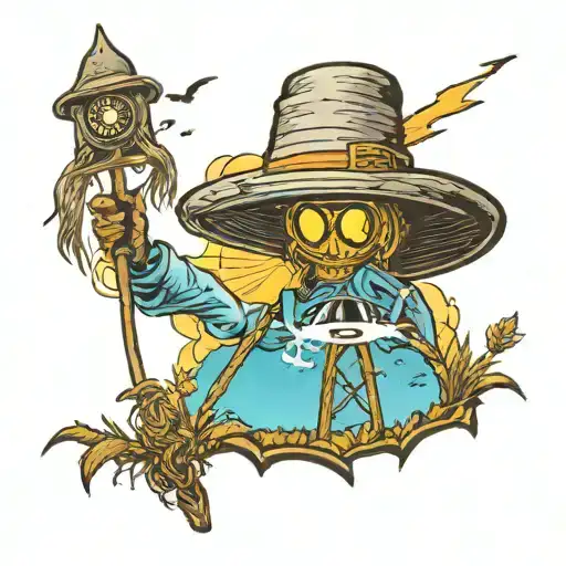 A tattoo of a UFO abduction beam shining down on a scarecrow in a farm field tattoo design idea