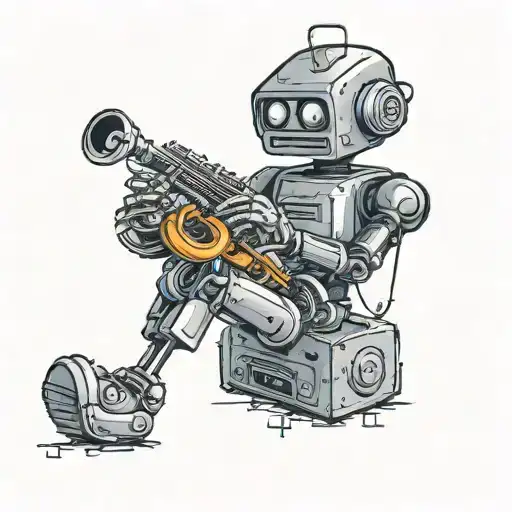 Create a black-grey tattoo of a robot playing a saxophone on an alien planet landscape tattoo design idea