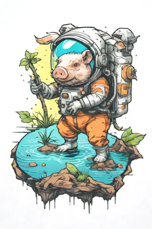 An small astronaut pig exploring an alien planet landscape with a neon lake and small glowing flora tattoo design idea