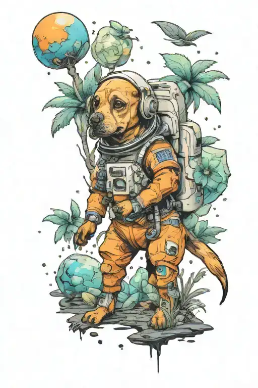 A small astronaut dog exploring an alien planet landscape with towering crystal formations and small glowing flora tattoo design idea