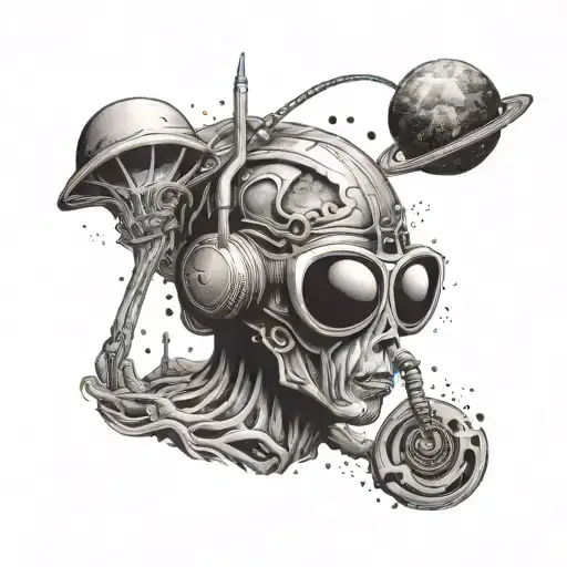 A cosmic landscape with alien beings listening to John Coltrane's music echoing through the galaxy tattoo design idea