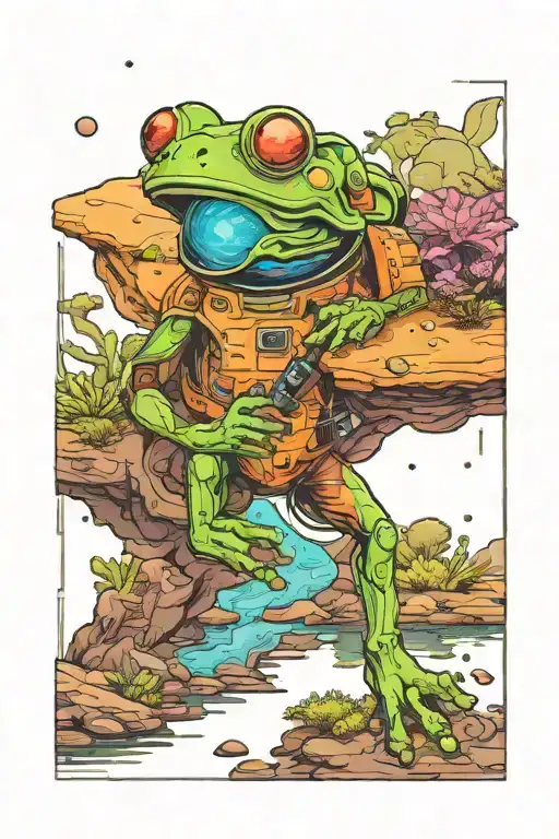 An astronaut frog exploring an alien planet landscape with a neon lake, tall crystal structures and small glowing flora tattoo design idea