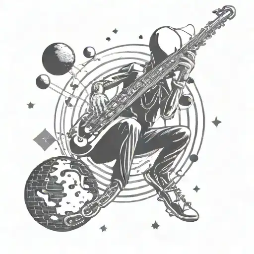 A futuristic alien saxophonist floating in zero gravity with planets as musical notes tattoo design idea