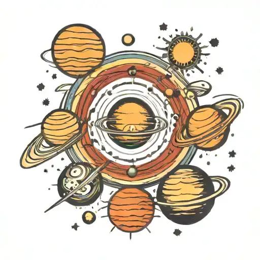 A traditional style tattoo of the solar system with each planet represented in vibrant colors tattoo design idea