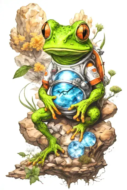 An astronaut frog exploring an alien planet landscape with towering crystal formations and small glowing flora tattoo design idea