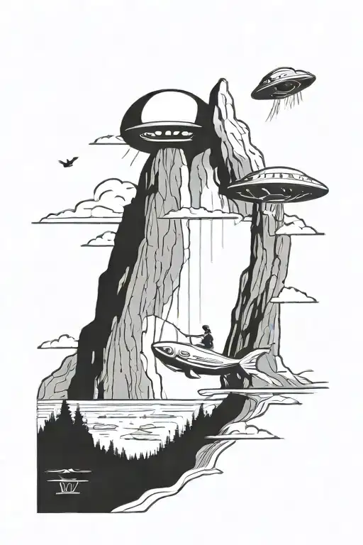 A UFO abducting a fish from a mountain lake scene tattoo design idea