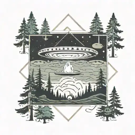 A UFO hovering over a serene forest scene, with a campfire below tattoo design idea
