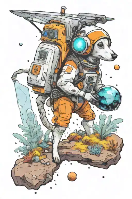 A small astronaut whippet exploring an alien planet landscape with towering crystal formations and small glowing flora tattoo design idea