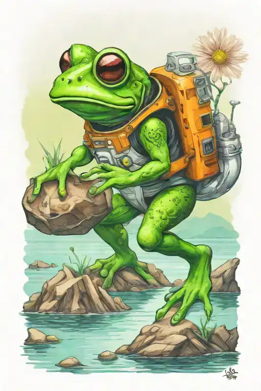 An astronaut frog with a helmet exploring an alien planet landscape with a lake, crystal forms and small glowing flora tattoo design idea