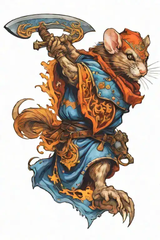 A fierce warrior mouse wielding a fiery sword and blue shield in battle tattoo design idea