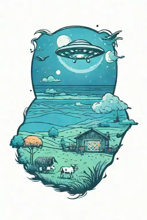 A UFO hovering over a farm at night, with mysterious lights beaming down onto a field of cows tattoo design idea