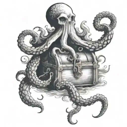 A kraken guarding a chest of ancient pirate treasure tattoo design idea