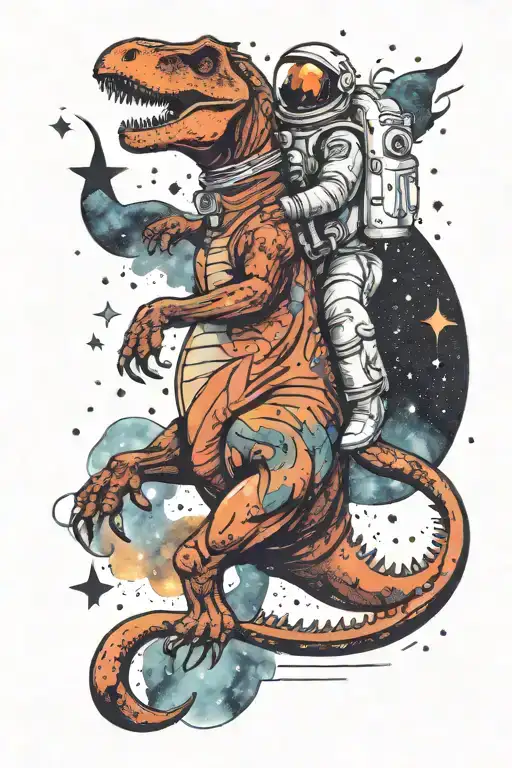 Astronaut riding a dinosaur through a starry nebula tattoo design idea