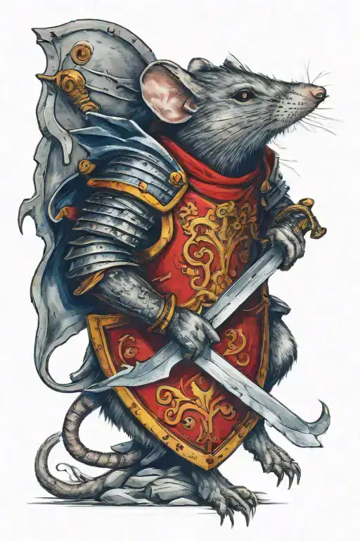 A fierce warrior mouse wielding a sword and shield in battle tattoo design idea