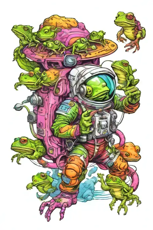 A mystical scene of an astronaut frog encountering a group of extraterrestrial creatures in a colorful and vibrant alien landscape tattoo design idea