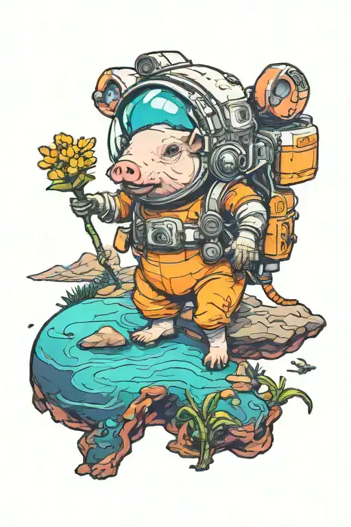 An small astronaut pig exploring an alien planet landscape with a neon lake and small glowing flora tattoo design idea