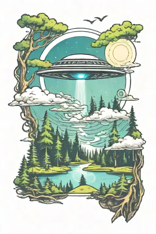 A tattoo of a single UFO abduction beam over a forest landscape tattoo design idea