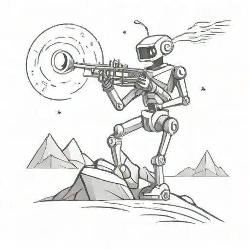 Create a black-grey tattoo of a robot playing a saxophone on an alien planet landscape tattoo design idea