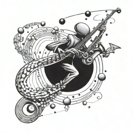 A futuristic alien saxophonist floating in zero gravity with planets as musical notes tattoo design idea